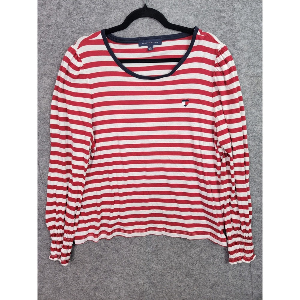 Tommy Hilfiger Women Red White Striped Smocked Cuff Long Sleeve Shirt XXL